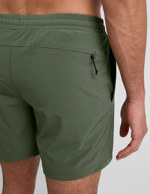 Side view of olive Pivotal 2.0 Men's Lined Short 7