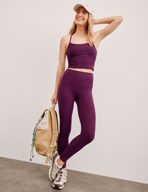 purple high-waisted midi length leggings. 